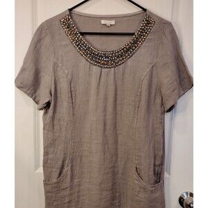 Women's Lina Tomei 100% Linen Beaded Neckline Shift Dress Italy Taupe Medium